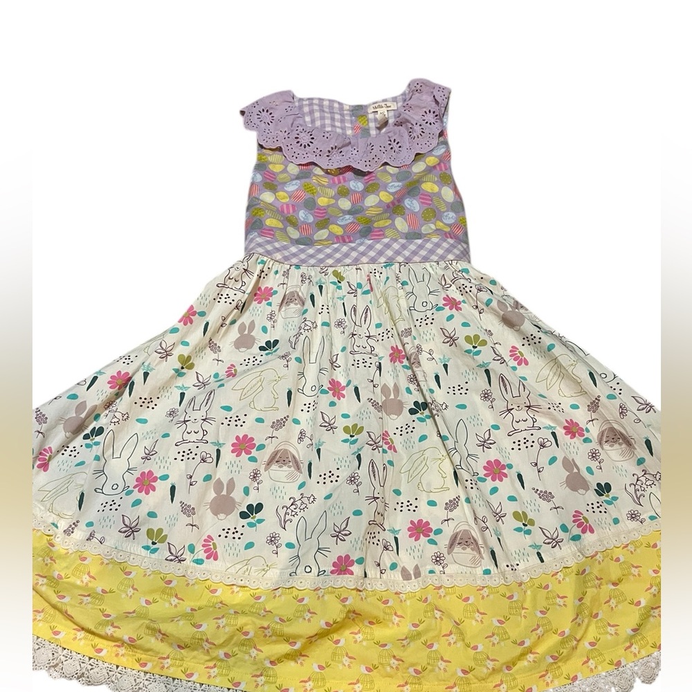 Matilda Jane girls size 14 Lavender and Pastel Bunny Print Girls' Dress EUC